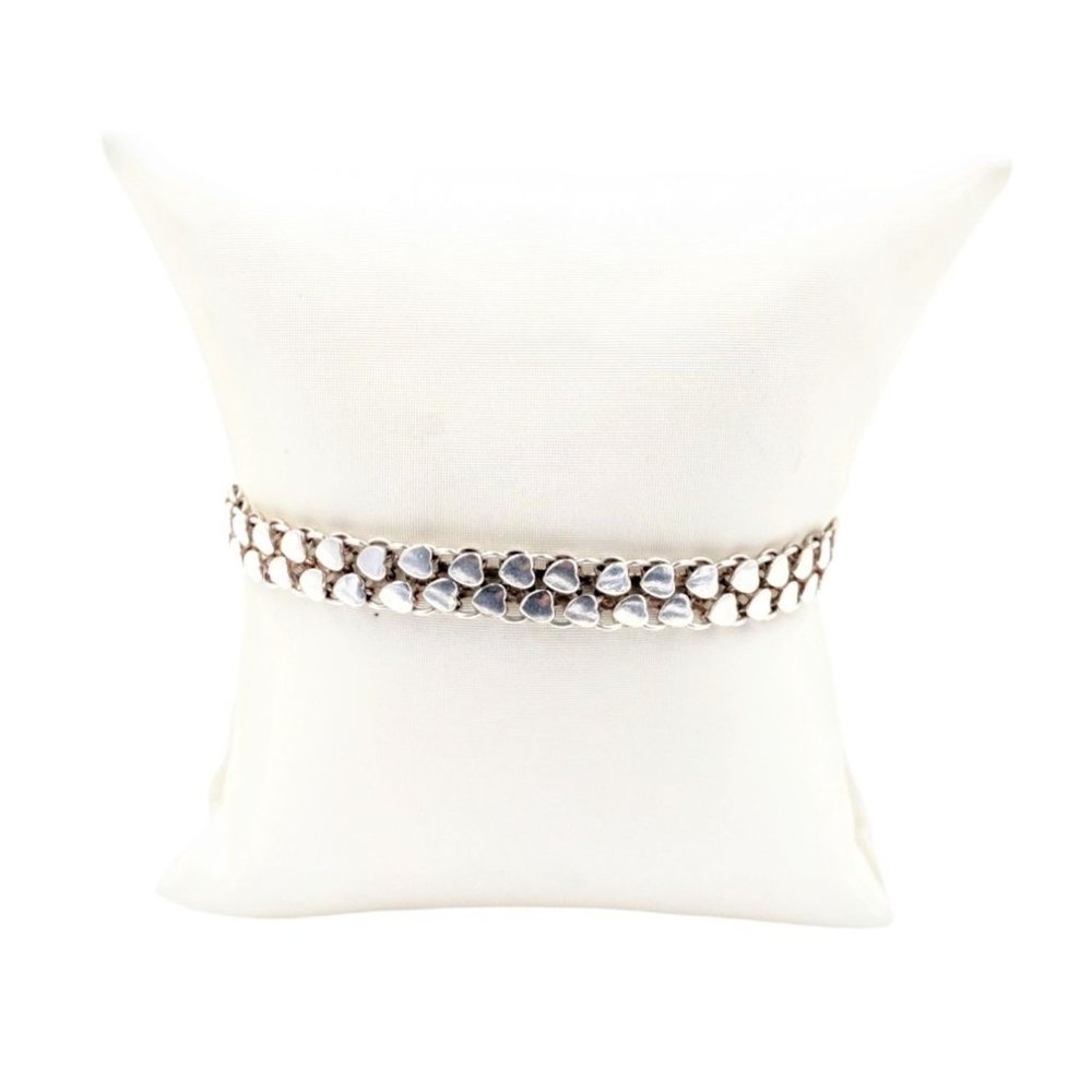 Sterling Heart Bracelet, Vintage Sterling Silver Double Row Heart Bracelet, Silv